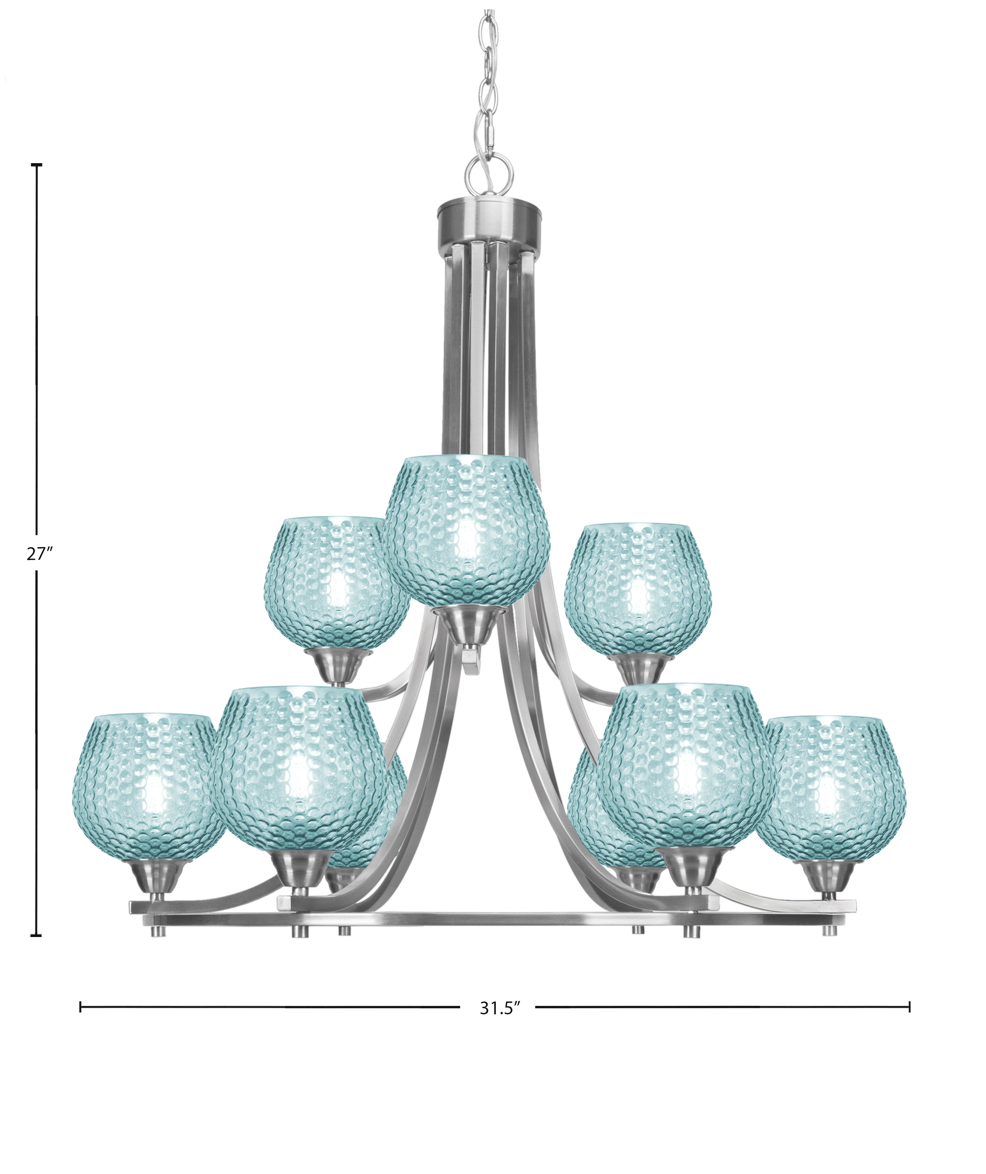 Paramount Nine Light Chandelier in Brushed Nickel with Turquoise Textured Shade