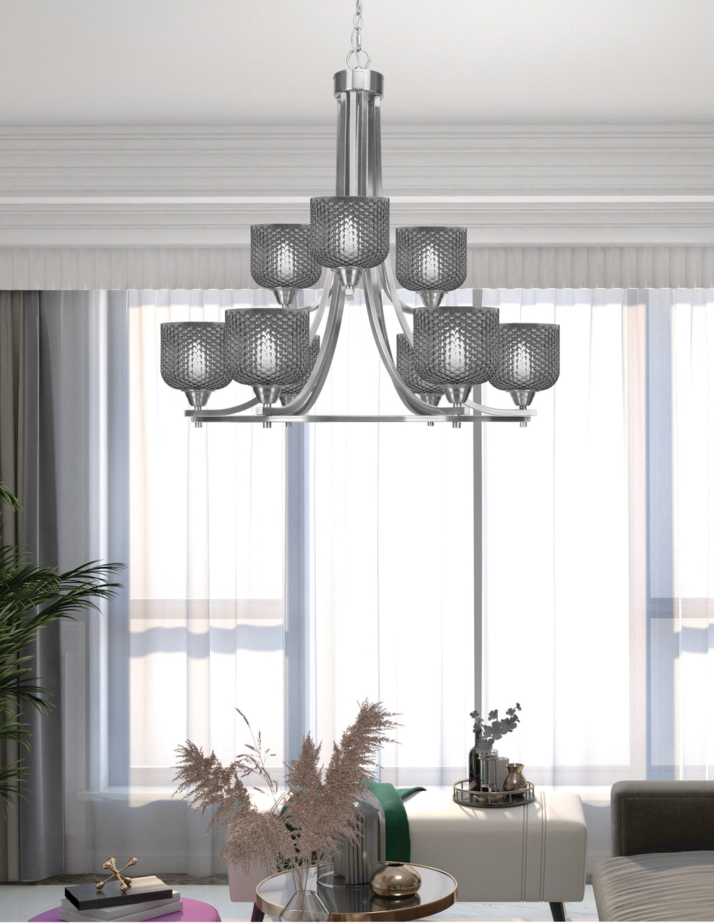Paramount Nine Light Chandelier in Brushed Nickel with Smoke Textured Shade