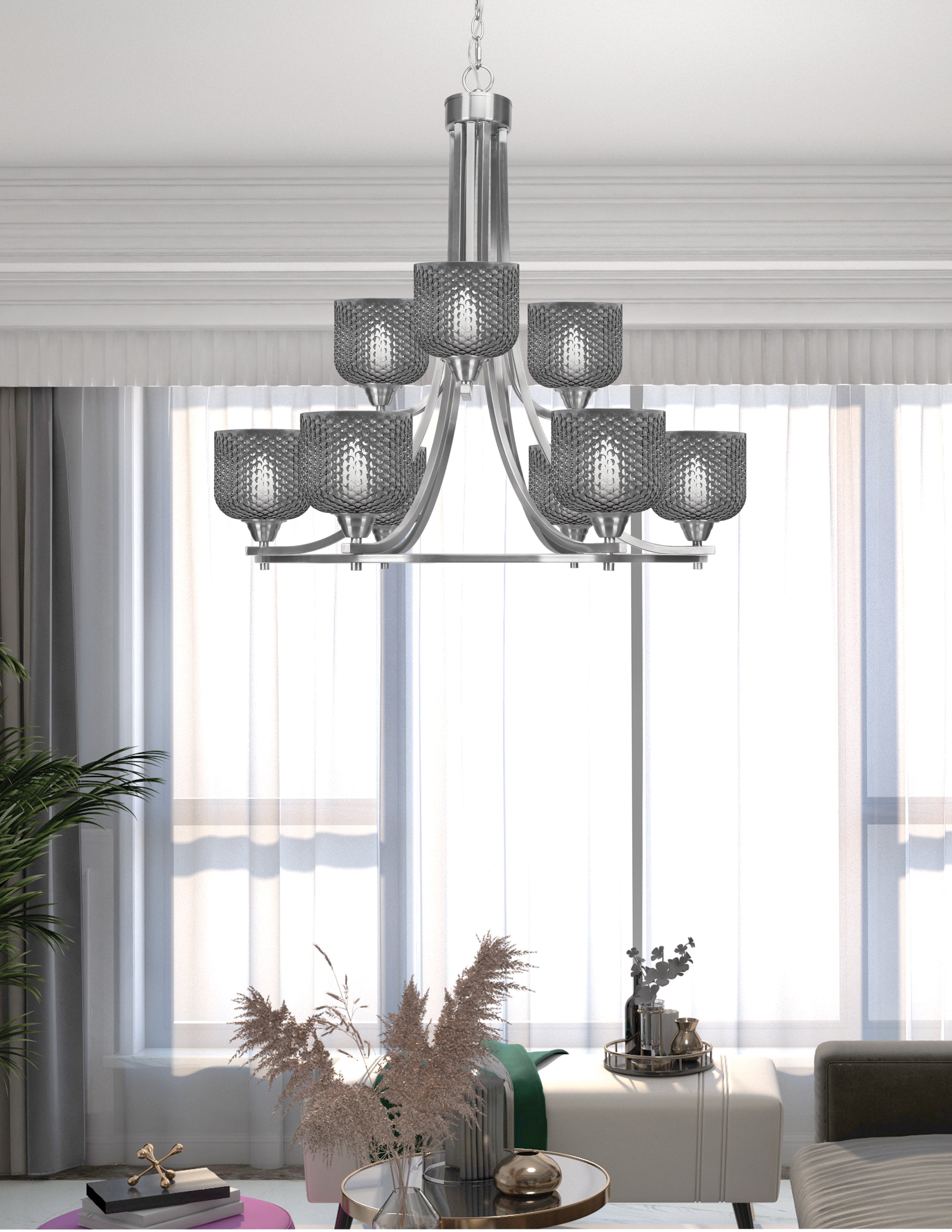 Paramount Nine Light Chandelier in Brushed Nickel with Smoke Textured Shade