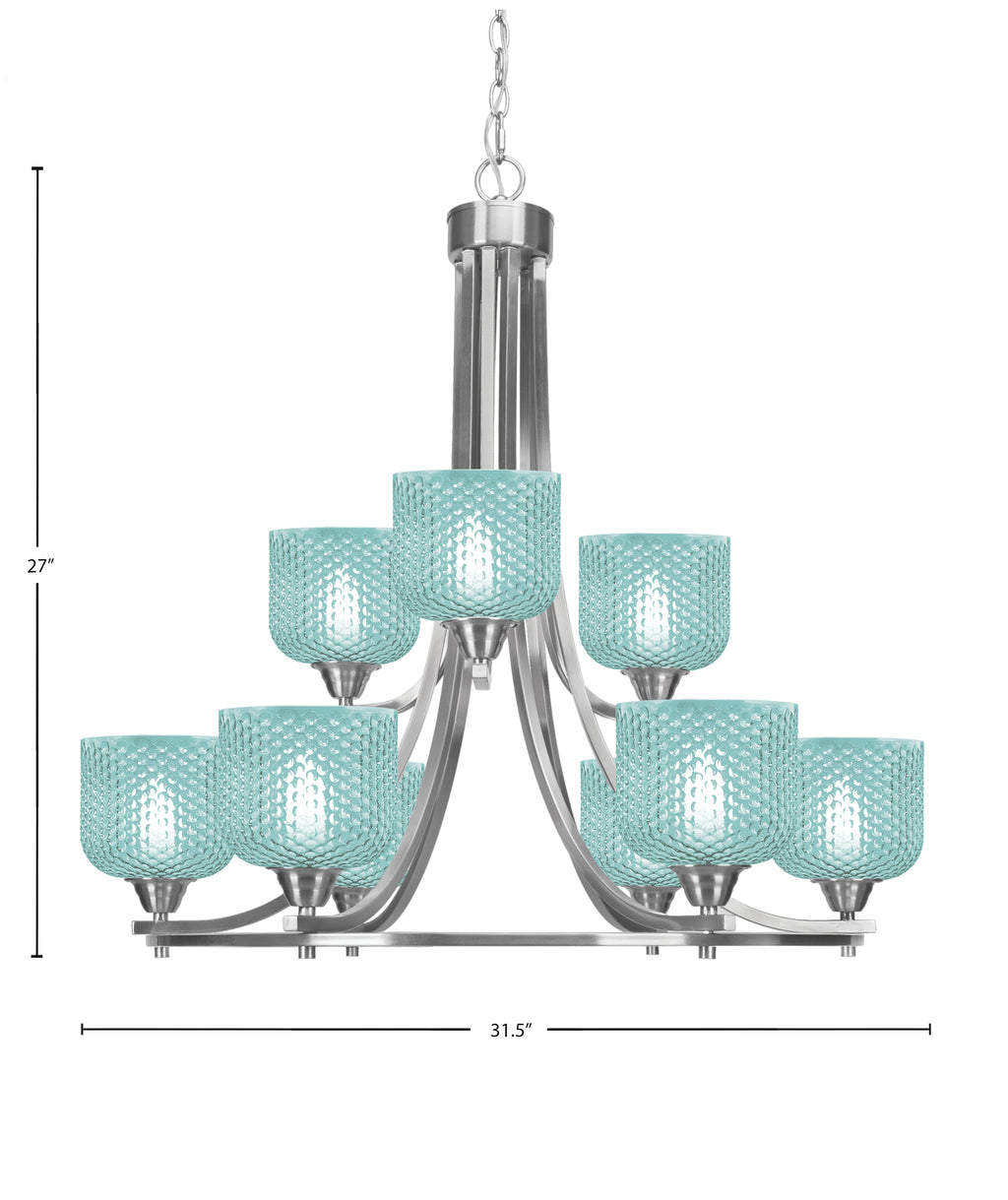 Paramount Nine Light Chandelier in Brushed Nickel with Turquoise Textured Shade