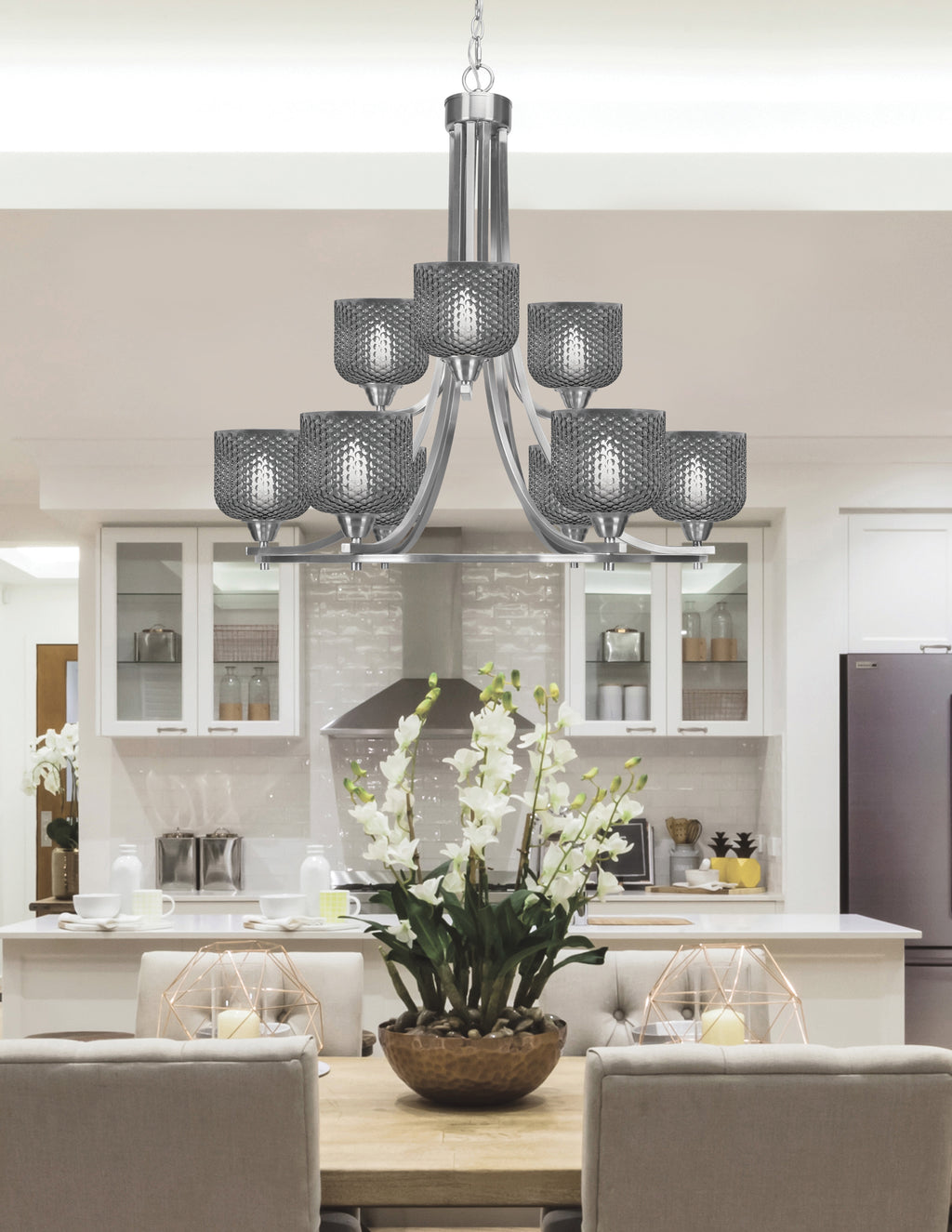 Paramount Nine Light Chandelier in Brushed Nickel with Smoke Textured Shade