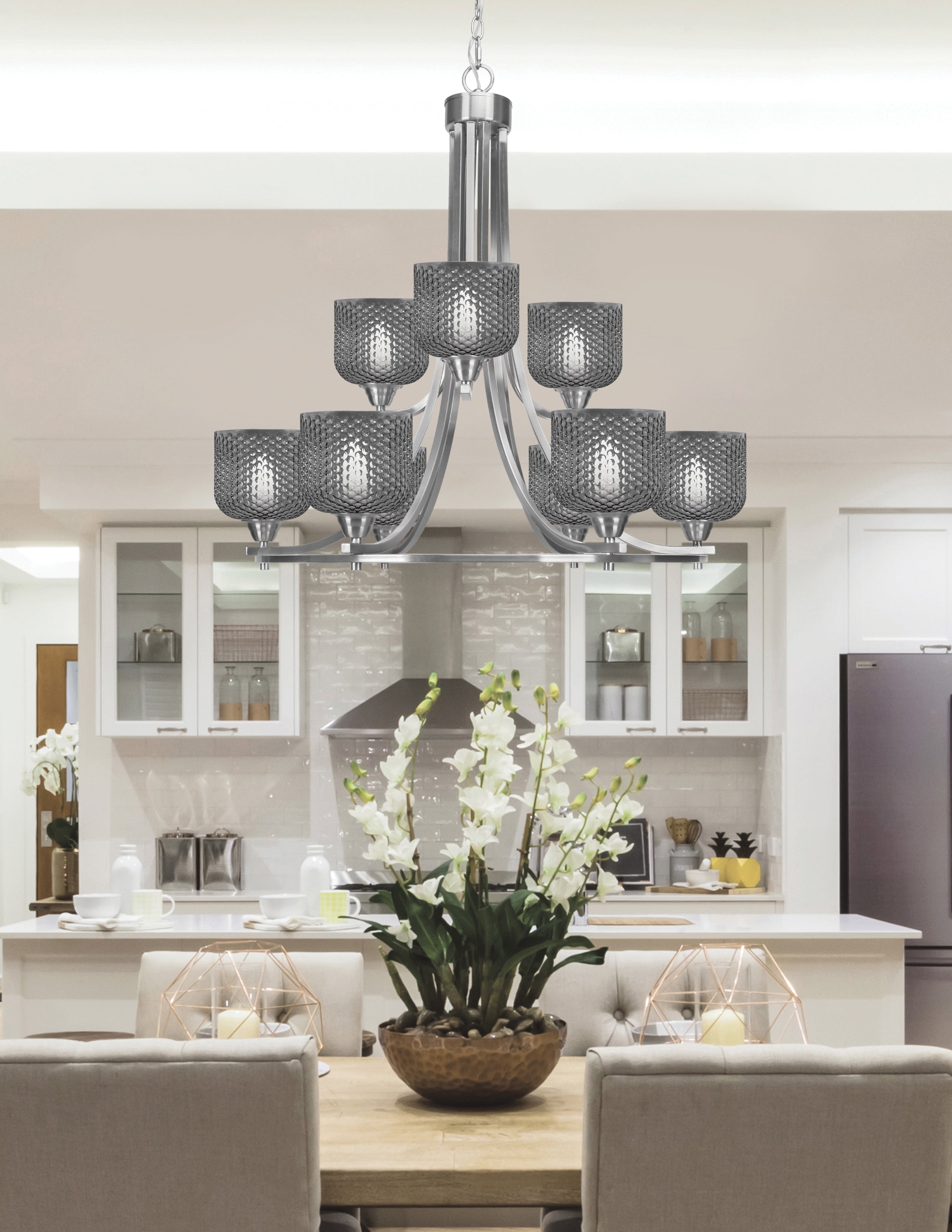 Paramount Nine Light Chandelier in Brushed Nickel with Smoke Textured Shade