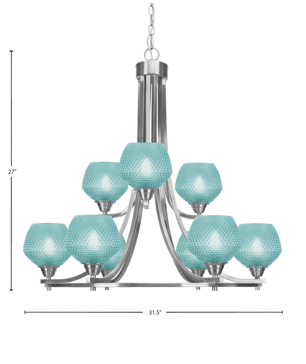 Paramount Nine Light Chandelier in Brushed Nickel with Turquoise Textured Shade