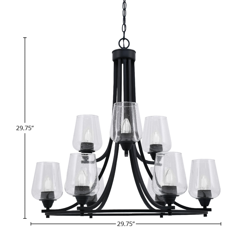 Paramount Nine Light Chandelier in Matte Black with 5" Clear Bubble Shade