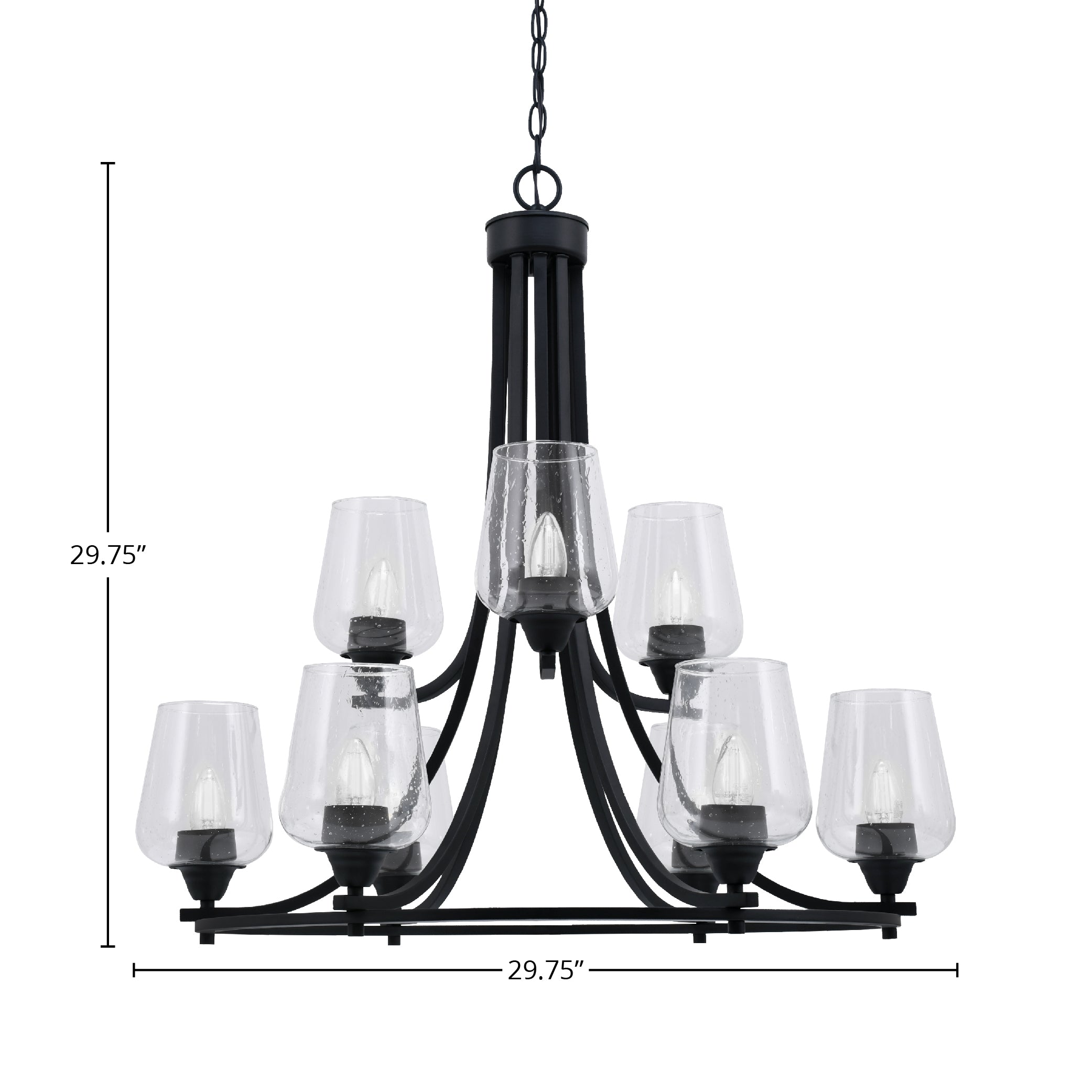Paramount Nine Light Chandelier in Matte Black with 5" Clear Bubble Shade