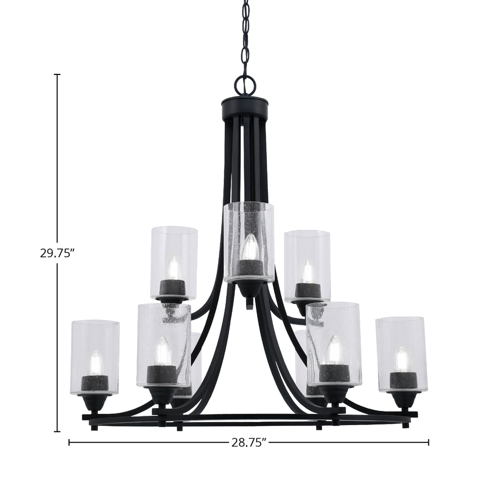 Paramount Nine Light Chandelier in Matte Black with 4" Clear Bubble Shade