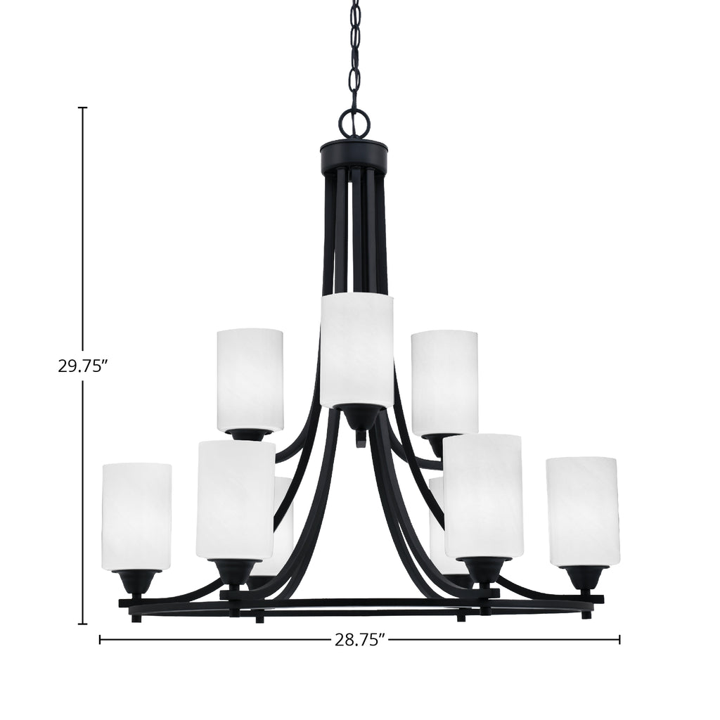 Paramount Nine Light Chandelier in Matte Black with 4" White Marble Shade