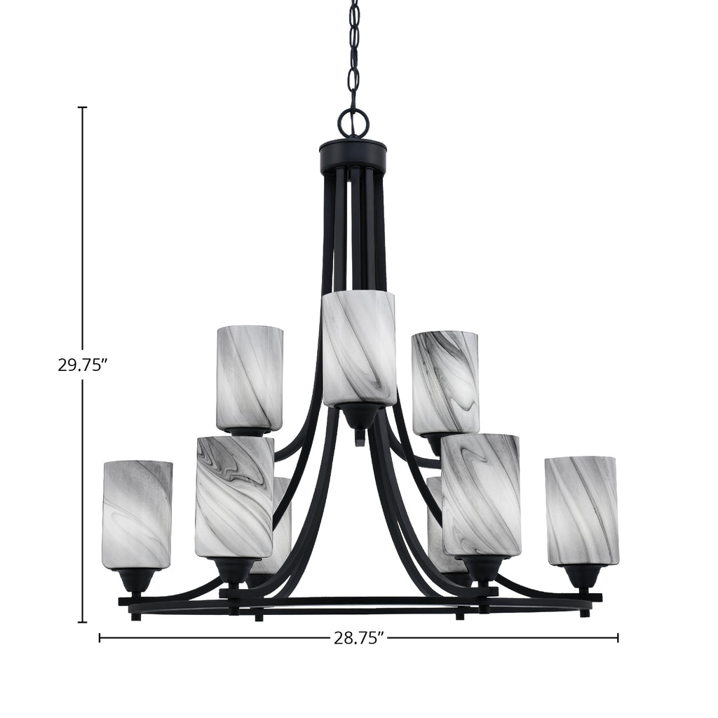 Paramount Nine Light Chandelier in Matte Black with 4" Onyx Swirl Shade