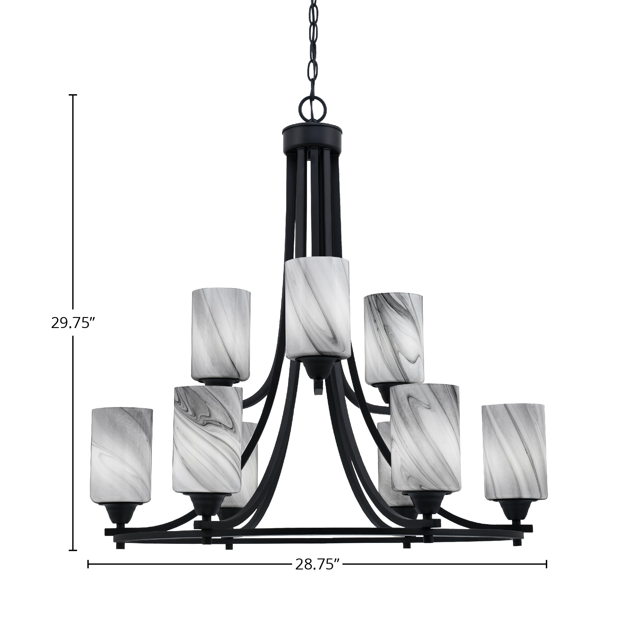 Paramount Nine Light Chandelier in Matte Black with 4" Onyx Swirl Shade