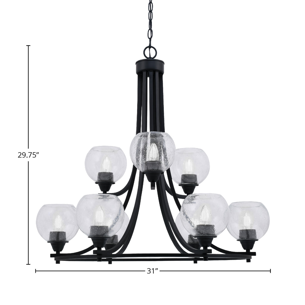 Paramount Nine Light Chandelier in Matte Black with 5.75" Clear Bubble Shade