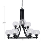 Paramount Nine Light Chandelier in Matte Black with 5.75" Clear Bubble Shade