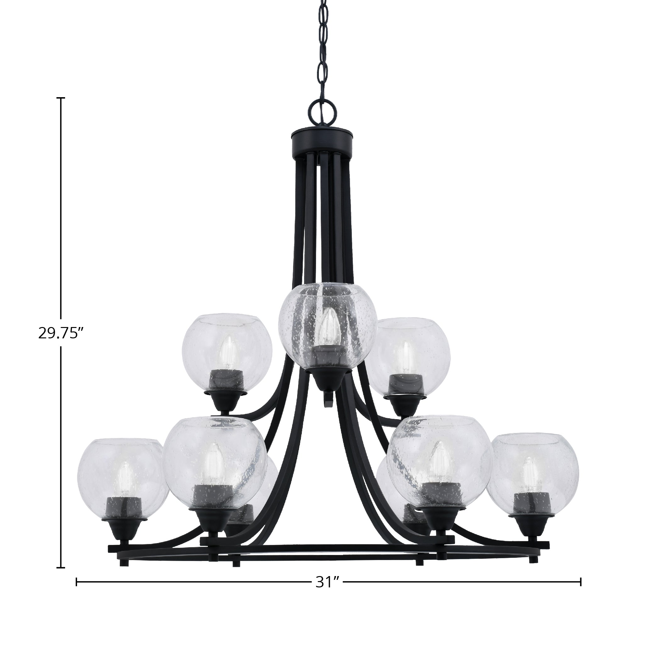 Paramount Nine Light Chandelier in Matte Black with 5.75" Clear Bubble Shade