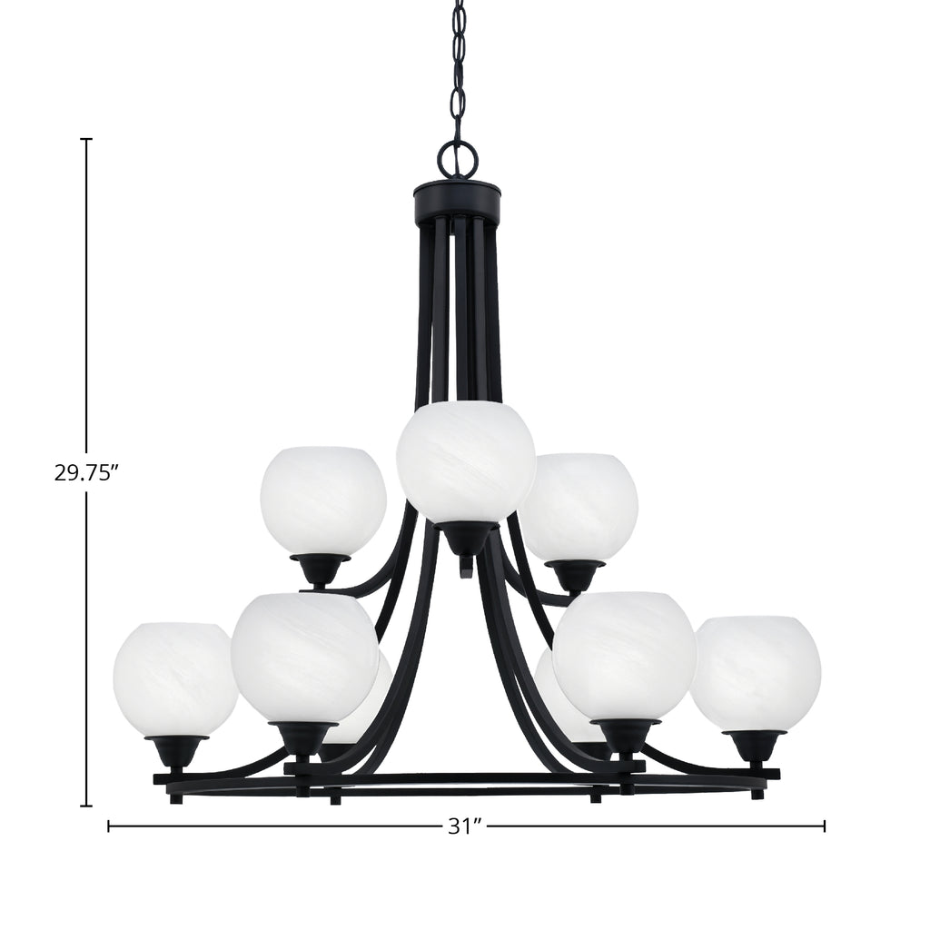 Paramount Nine Light Chandelier in Matte Black with 5.75" White Marble Shade