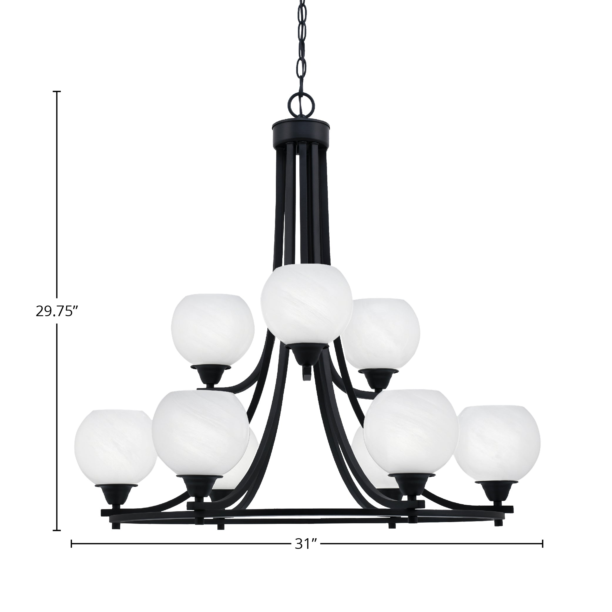 Paramount Nine Light Chandelier in Matte Black with 5.75" White Marble Shade