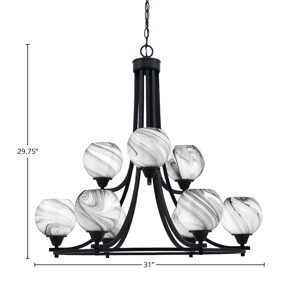 Paramount Nine Light Chandelier in Matte Black with 5.75" Onyx Swirl Shade