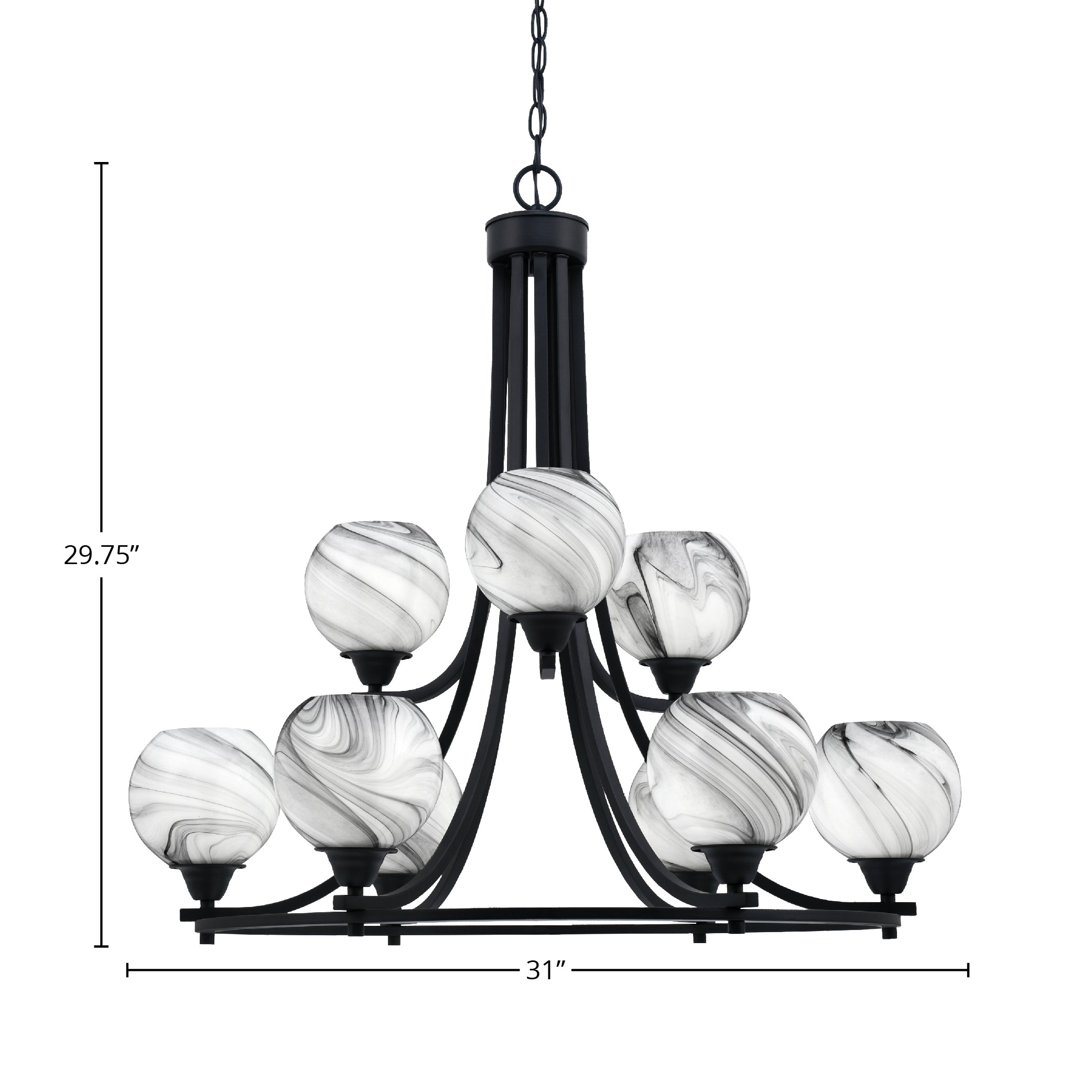Paramount Nine Light Chandelier in Matte Black with 5.75" Onyx Swirl Shade