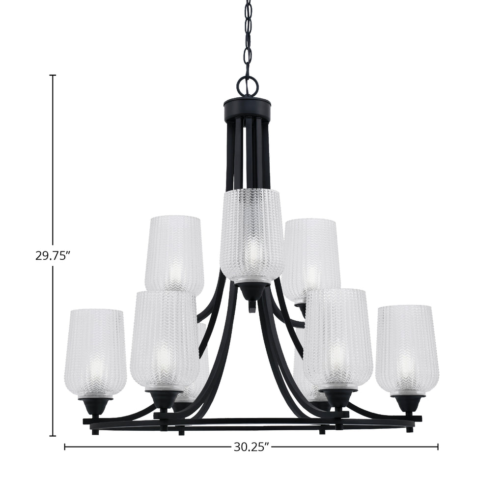 Paramount Nine Light Chandelier in Matte Black with 5" Clear Textured Shade