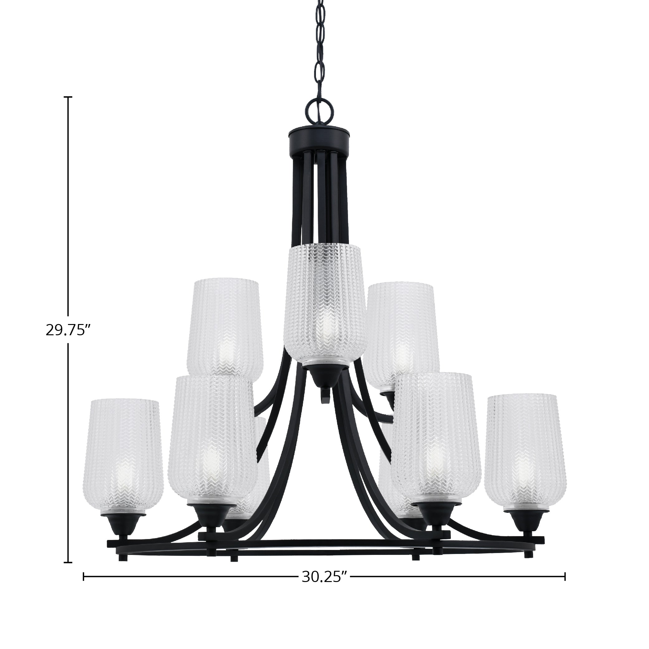 Paramount Nine Light Chandelier in Matte Black with 5" Clear Textured Shade