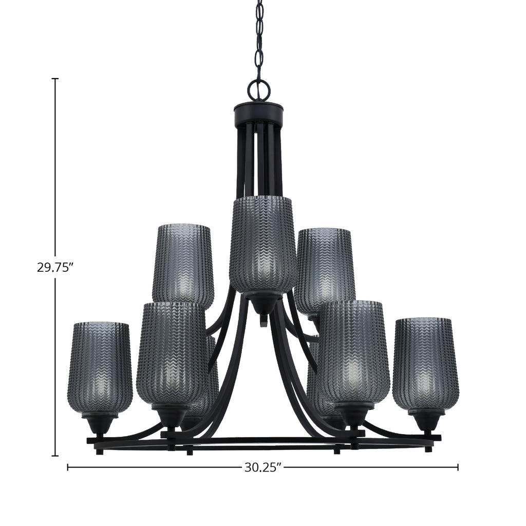 Paramount Nine Light Chandelier in Matte Black with 5" Smoke Textured Shade