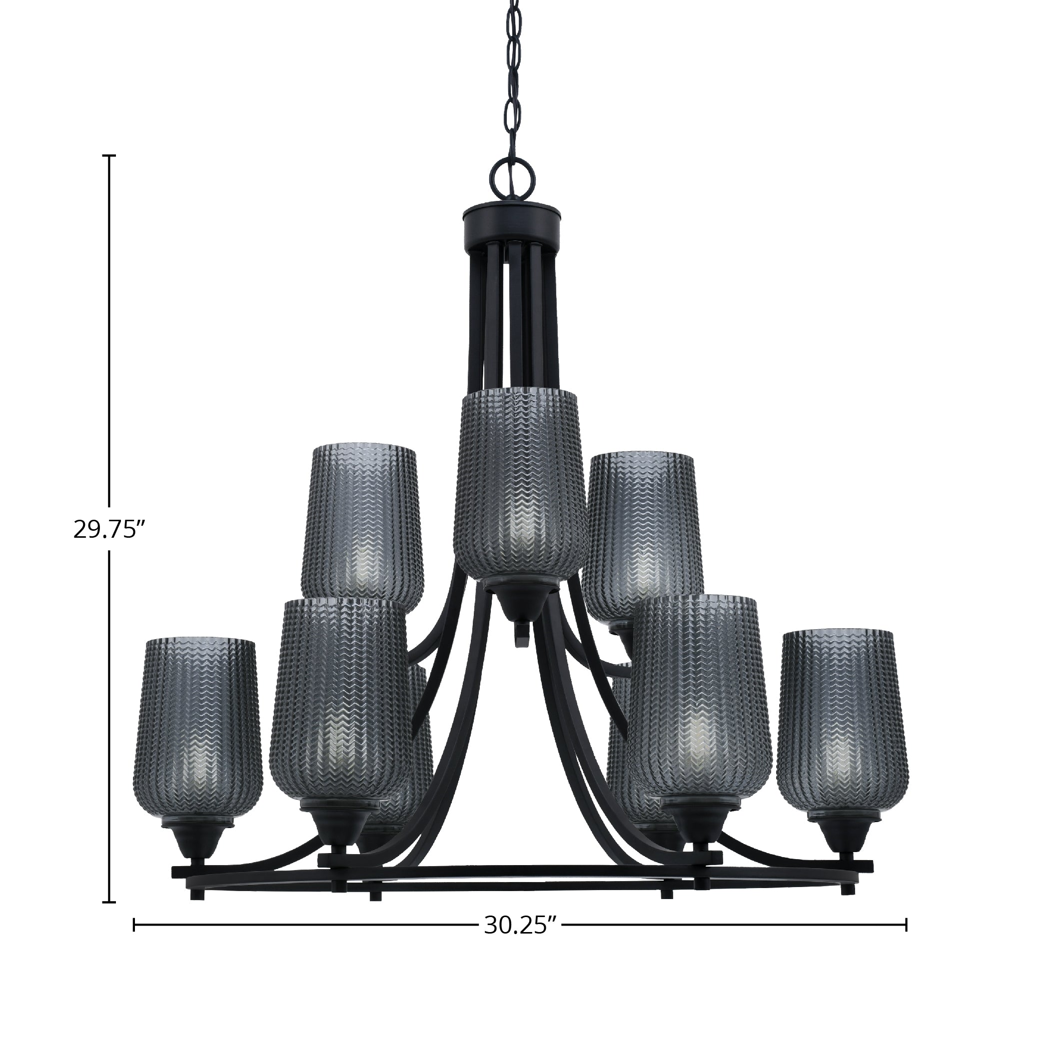 Paramount Nine Light Chandelier in Matte Black with 5" Smoke Textured Shade