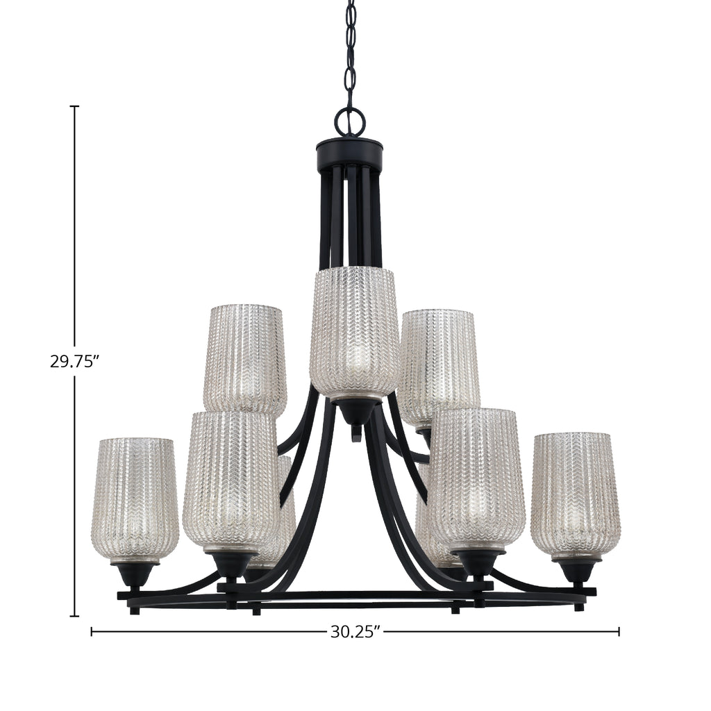 Paramount Nine Light Chandelier in Matte Black with 5" Silver Textured Shade