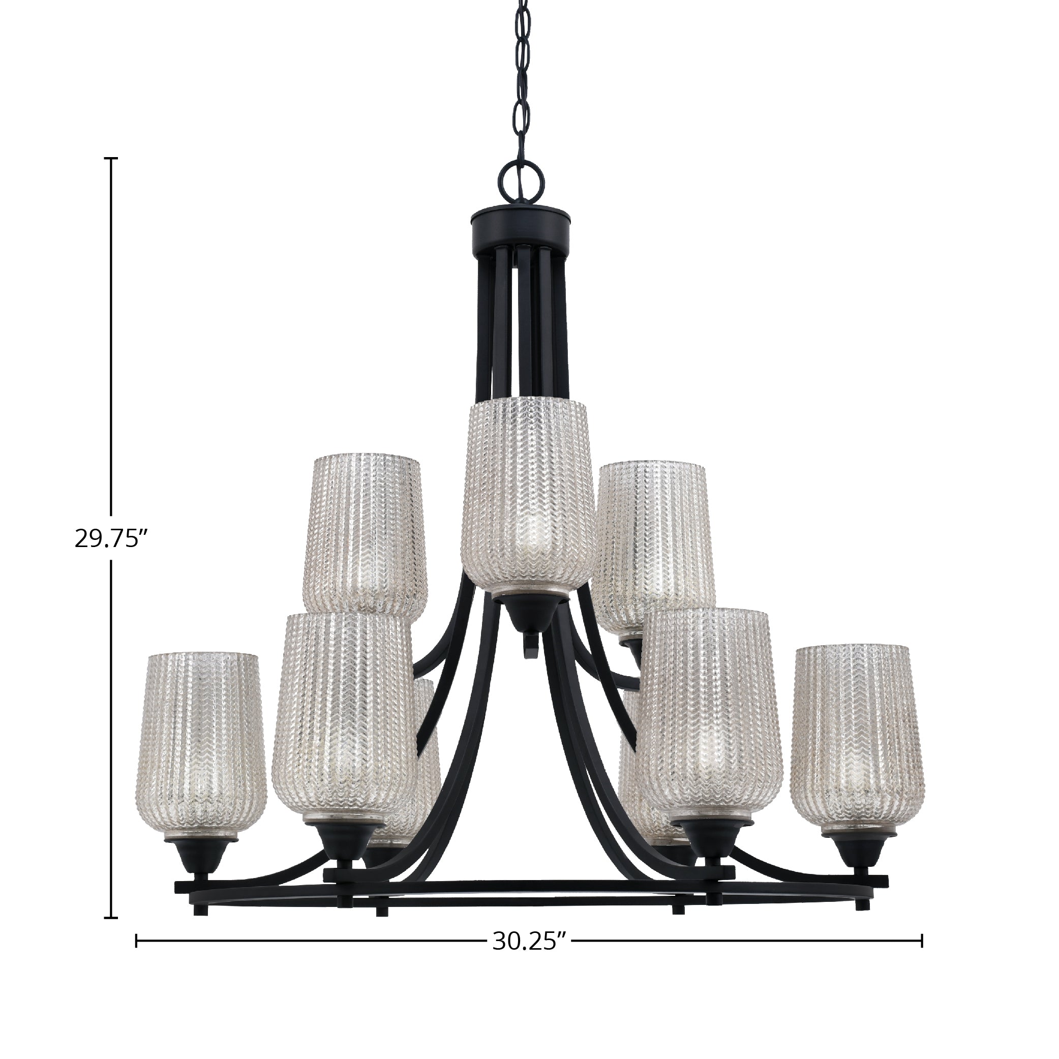 Paramount Nine Light Chandelier in Matte Black with 5" Silver Textured Shade
