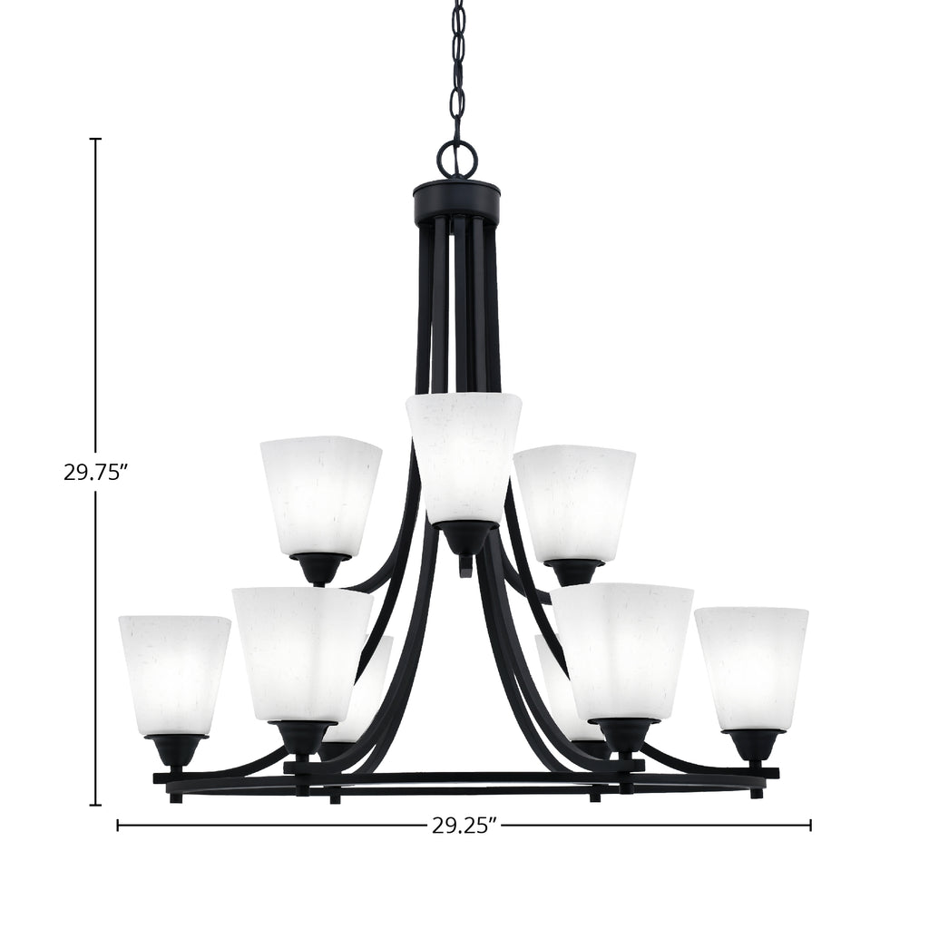 Paramount Nine Light Chandelier in Matte Black with 4.5" Square White Muslin Shade