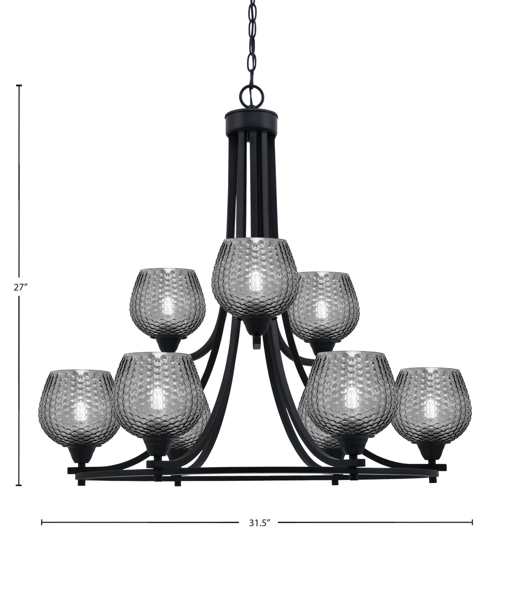 Paramount Nine Light Chandelier in Matte Black with Smoke Textured Shade