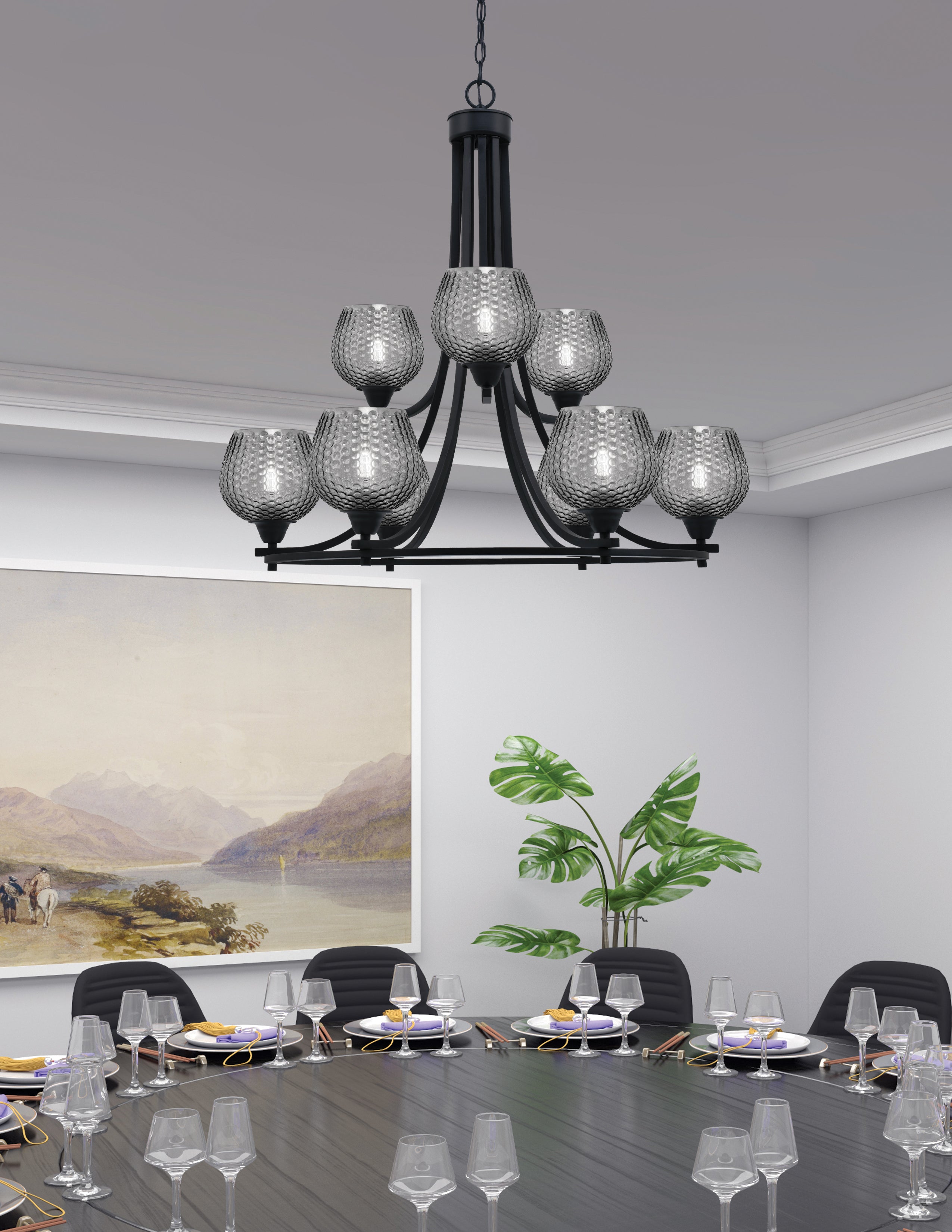 Paramount Nine Light Chandelier in Matte Black with Smoke Textured Shade
