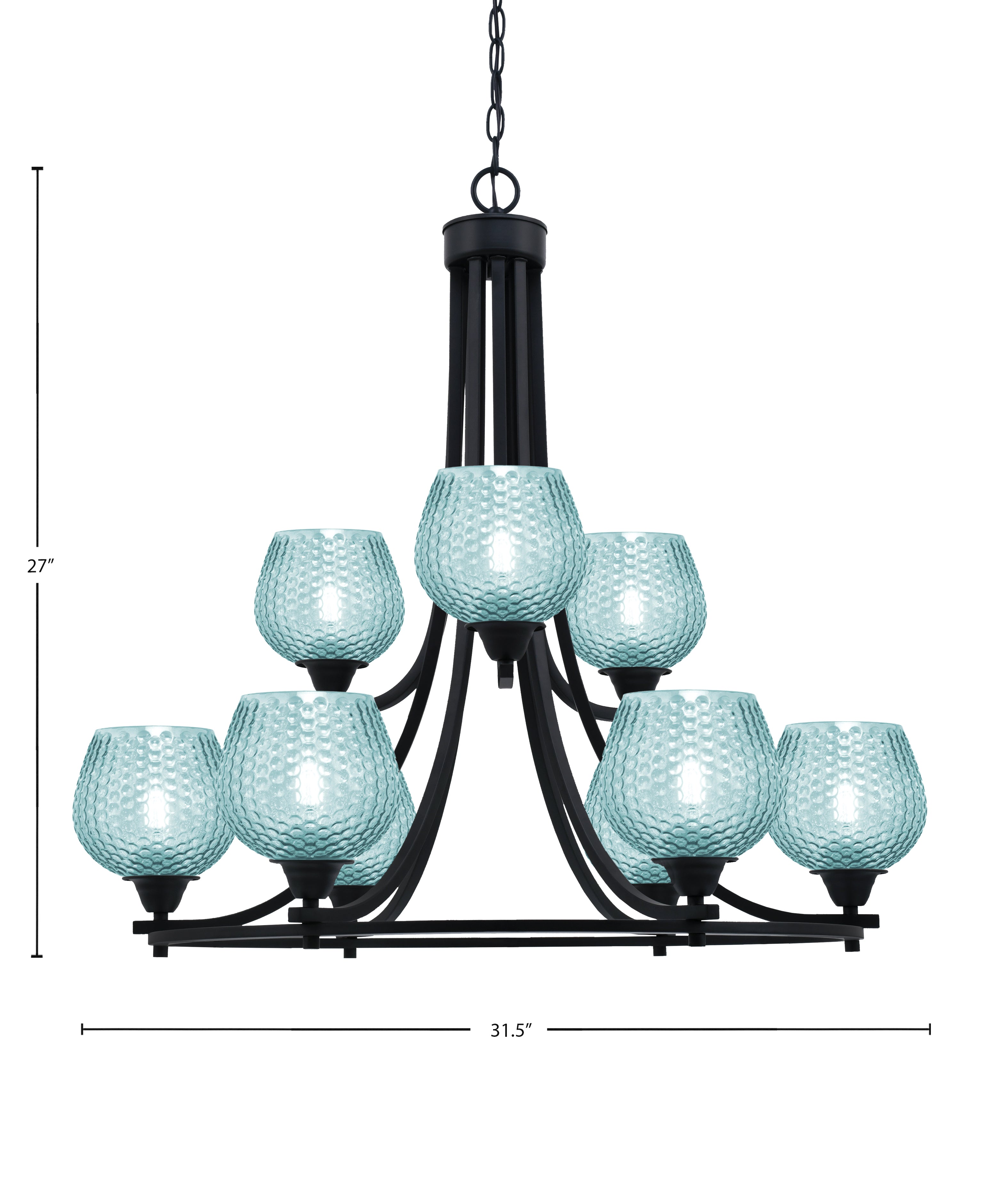 Paramount Nine Light Chandelier in Matte Black with Turquoise Textured Shade