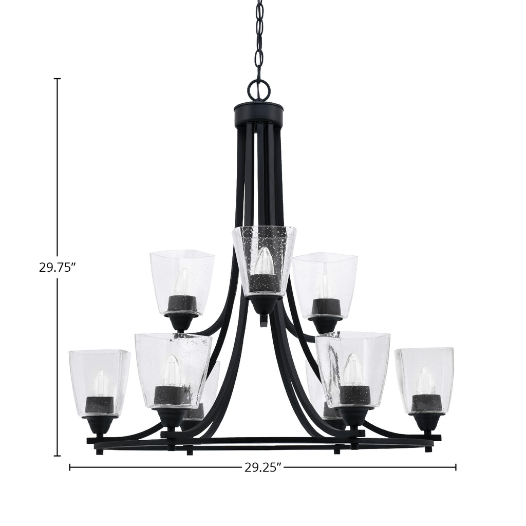Paramount Nine Light Chandelier in Matte Black with 4.5" Square Clear Bubble Shade
