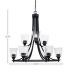 Paramount Nine Light Chandelier in Matte Black with 4.5" Square Clear Bubble Shade