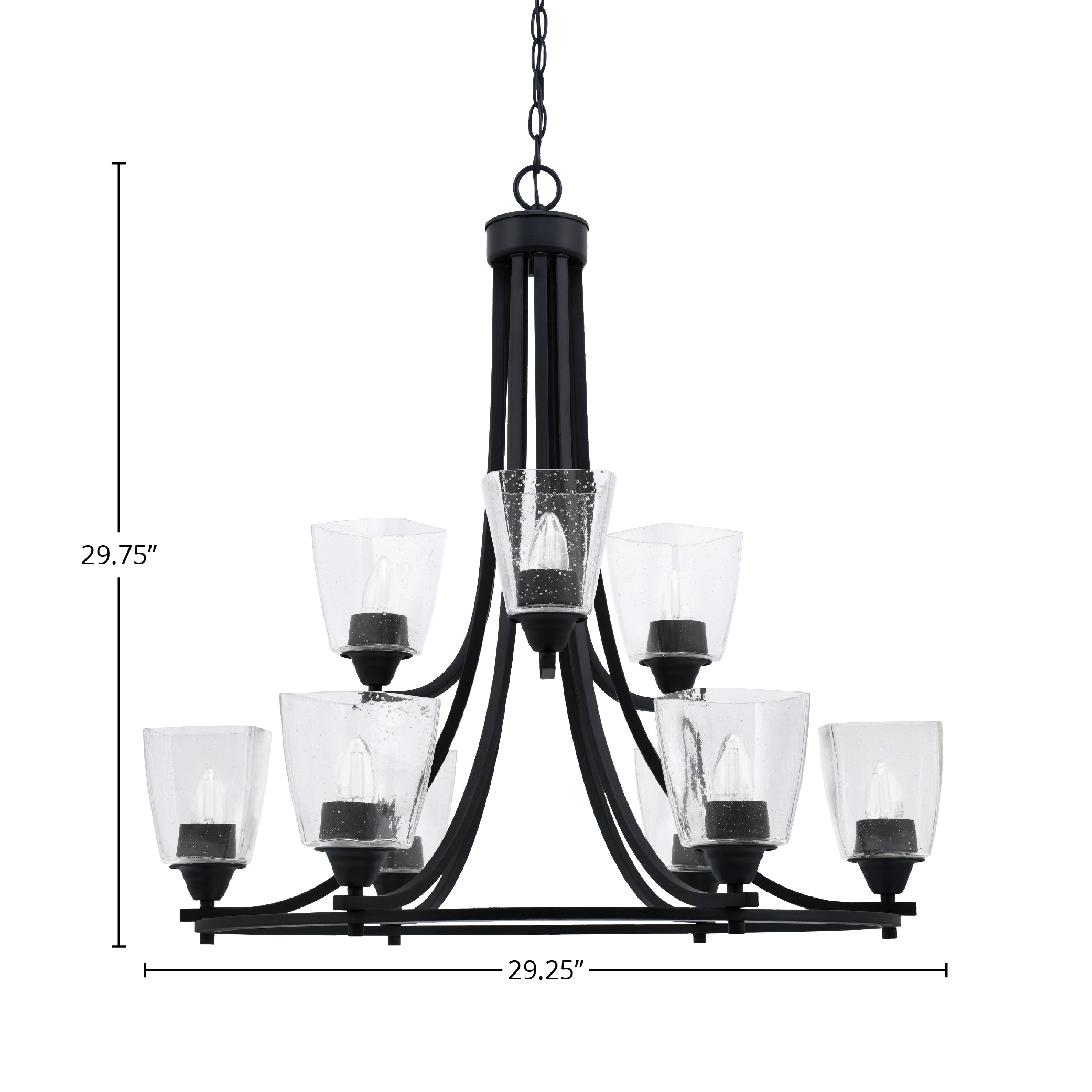 Paramount Nine Light Chandelier in Matte Black with 4.5" Square Clear Bubble Shade