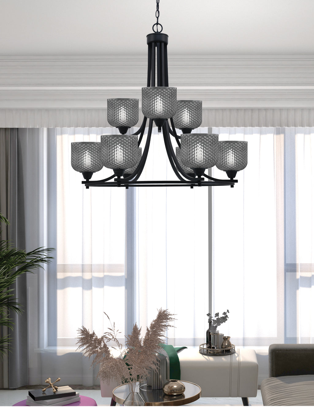 Paramount Nine Light Chandelier in Matte Black with Smoke Textured Shade