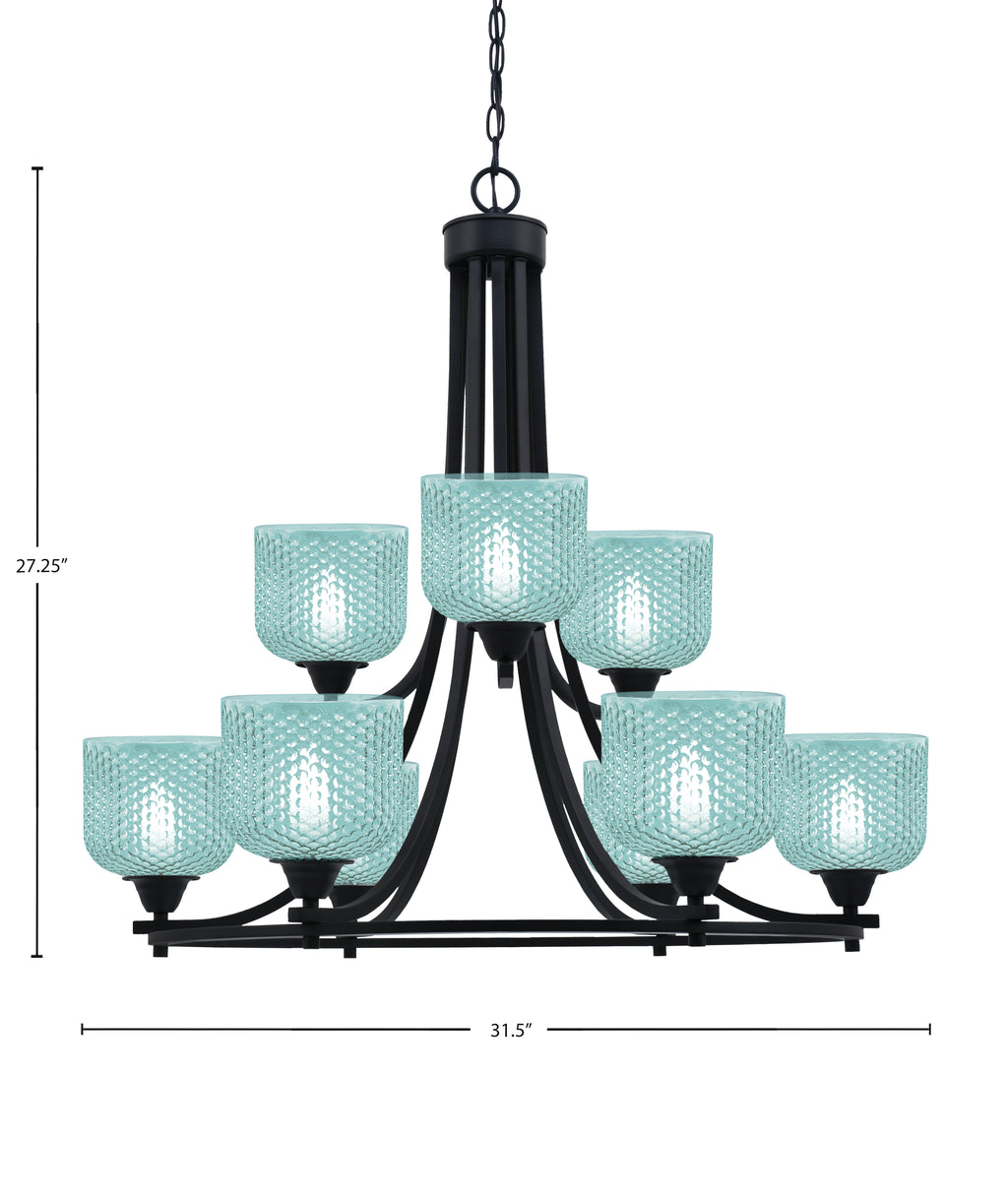 Paramount Nine Light Chandelier in Matte Black with Turquoise Textured Shade