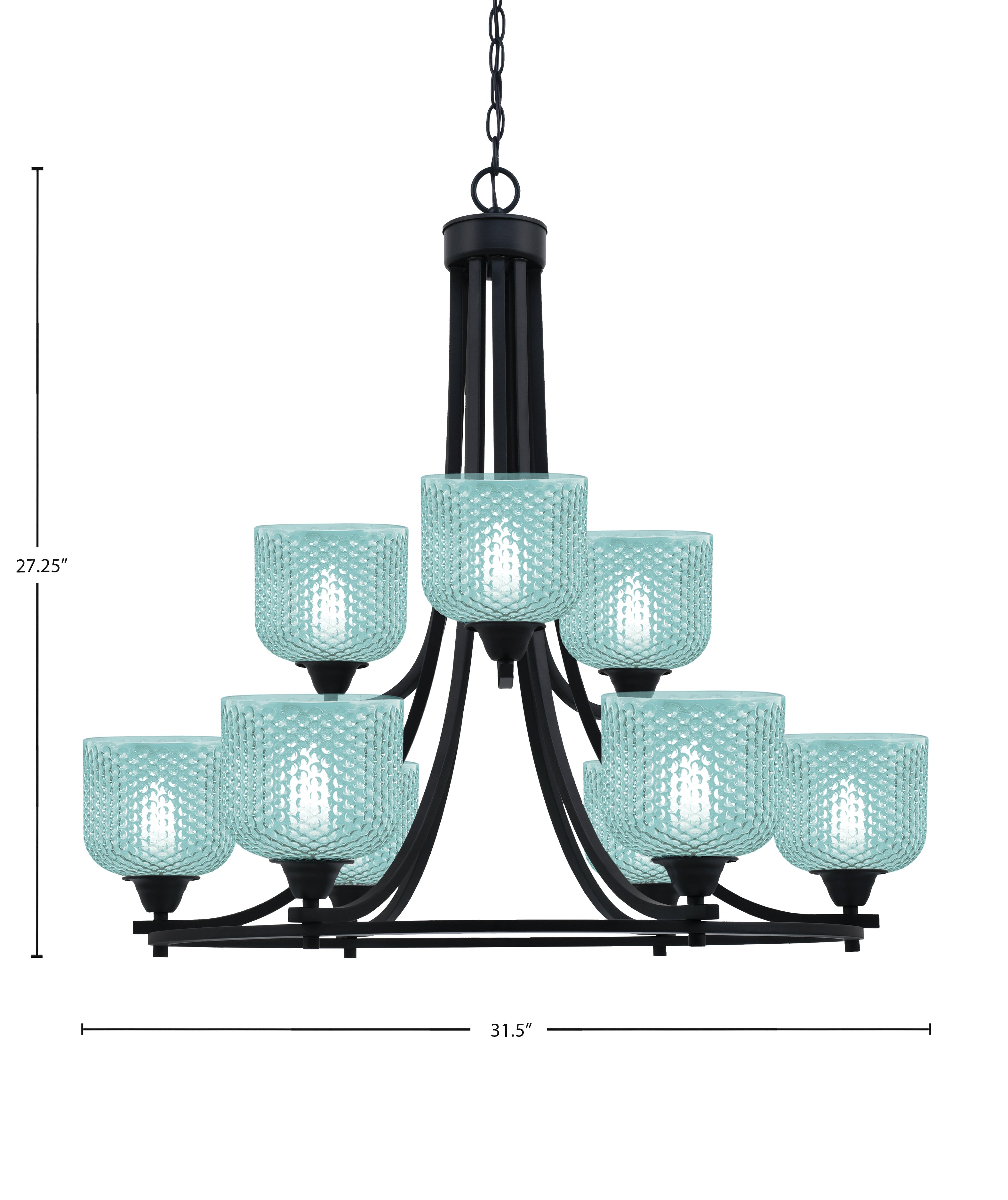 Paramount Nine Light Chandelier in Matte Black with Turquoise Textured Shade