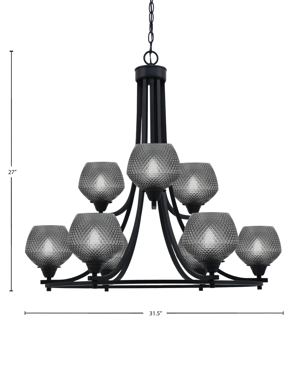 Paramount Nine Light Chandelier in Matte Black with Smoke Textured Shade