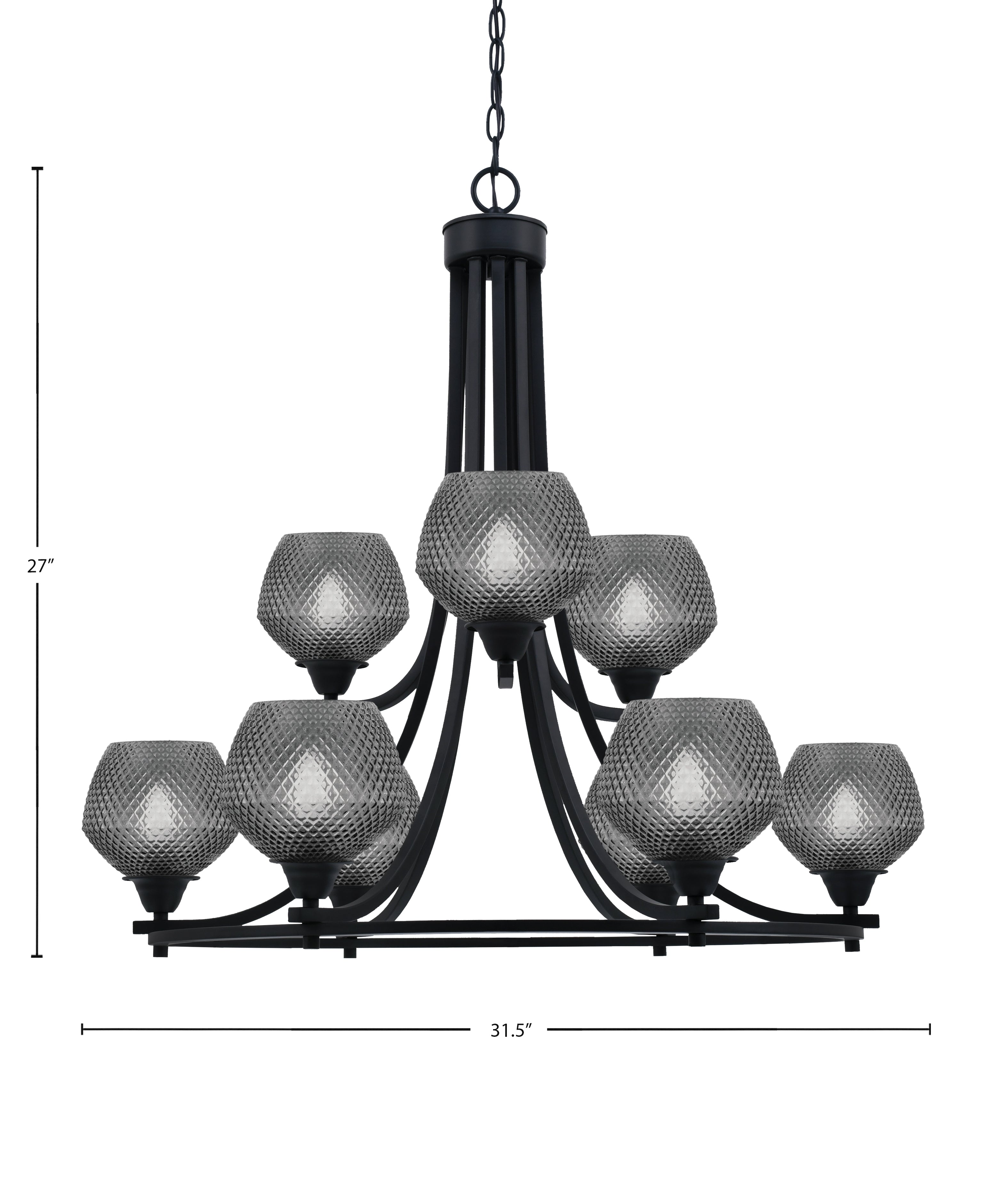 Paramount Nine Light Chandelier in Matte Black with Smoke Textured Shade