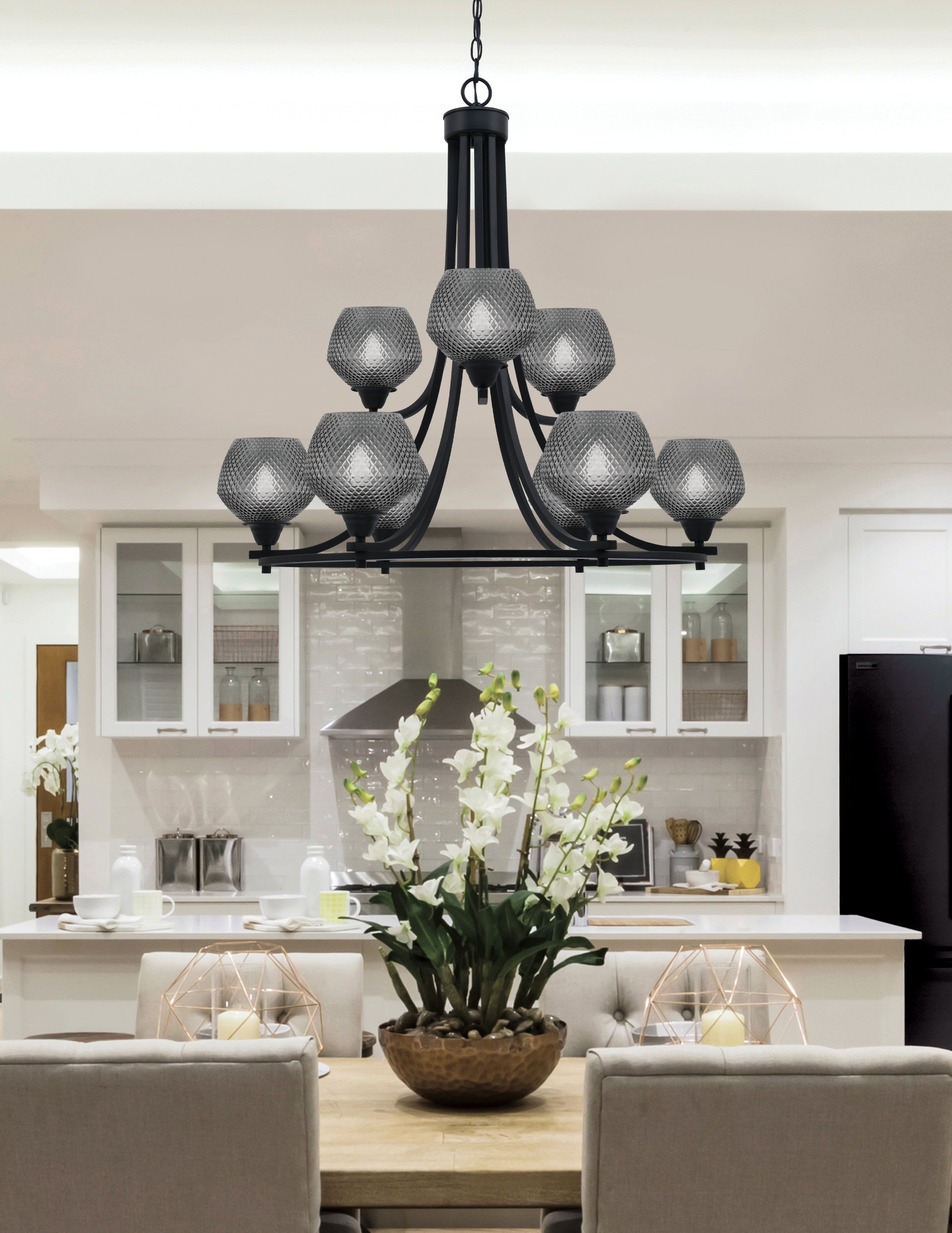 Paramount Nine Light Chandelier in Matte Black with Smoke Textured Shade
