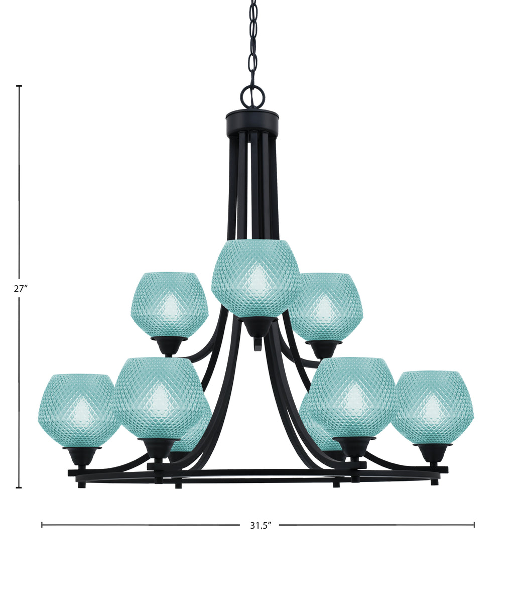 Paramount Nine Light Chandelier in Matte Black with Turquoise Textured Shade