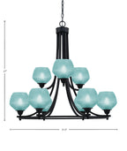 Paramount Nine Light Chandelier in Matte Black with Turquoise Textured Shade