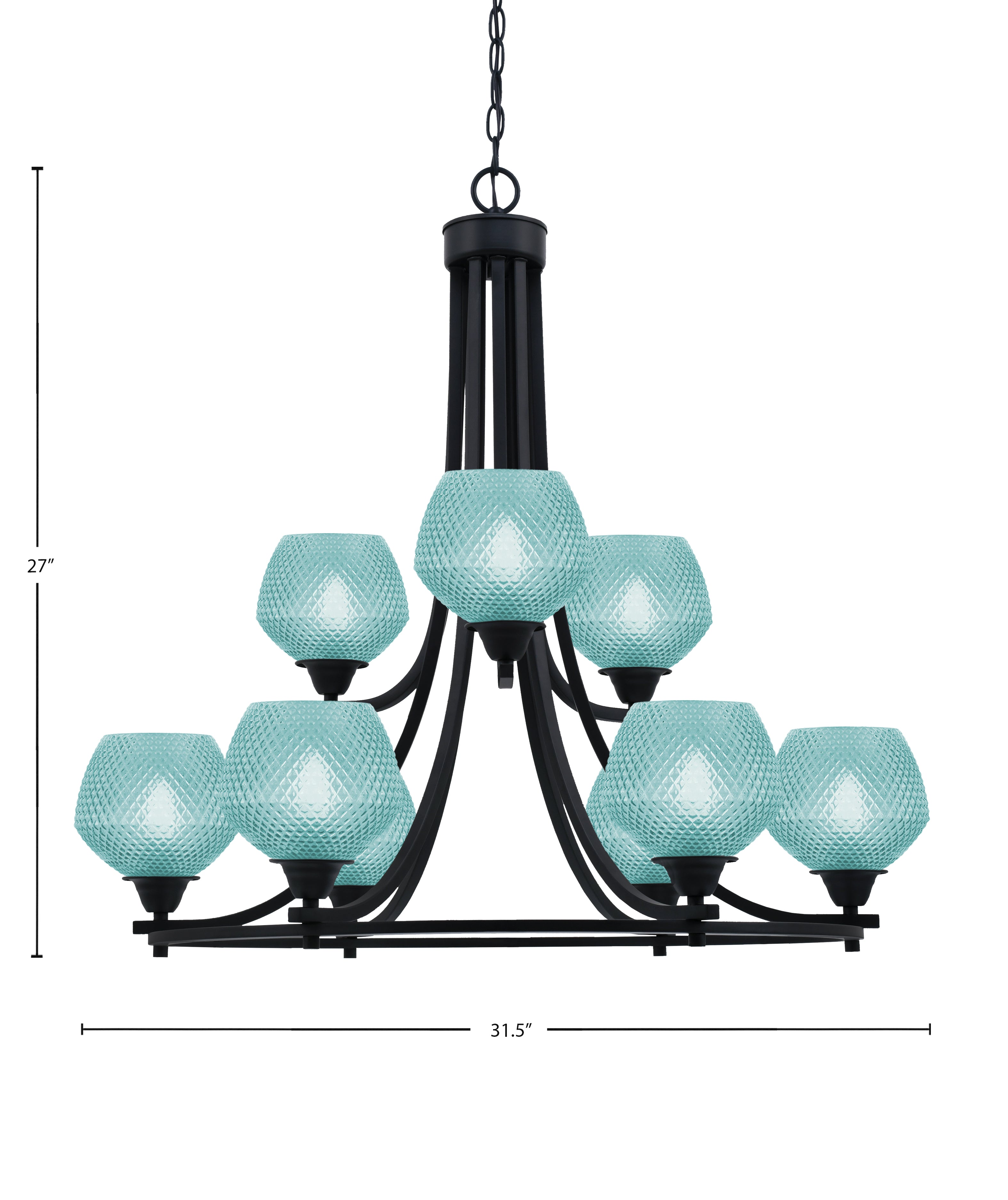 Paramount Nine Light Chandelier in Matte Black with Turquoise Textured Shade