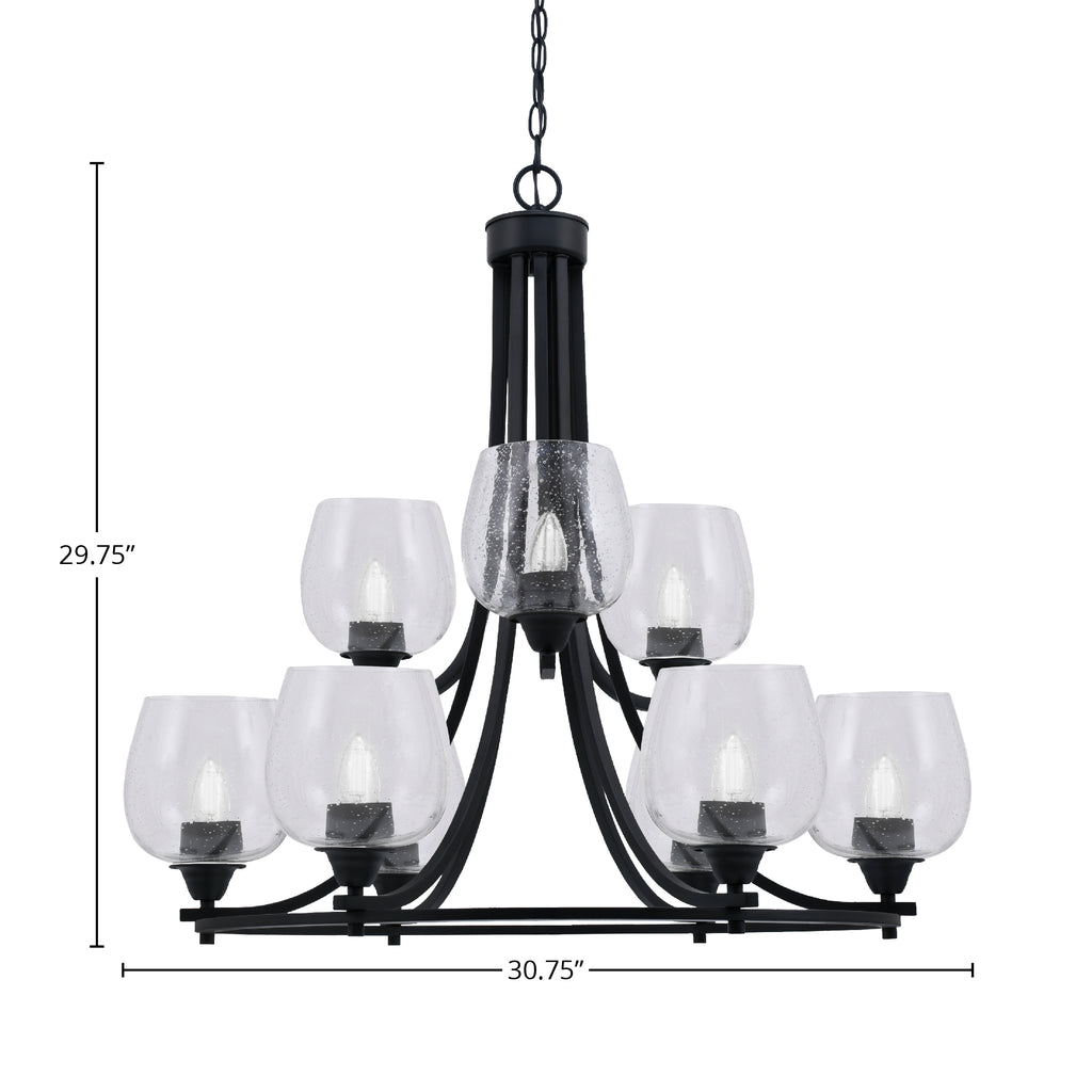 Paramount Nine Light Chandelier in Matte Black with 6" Clear Bubble Shade