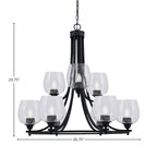 Paramount Nine Light Chandelier in Matte Black with 6" Clear Bubble Shade