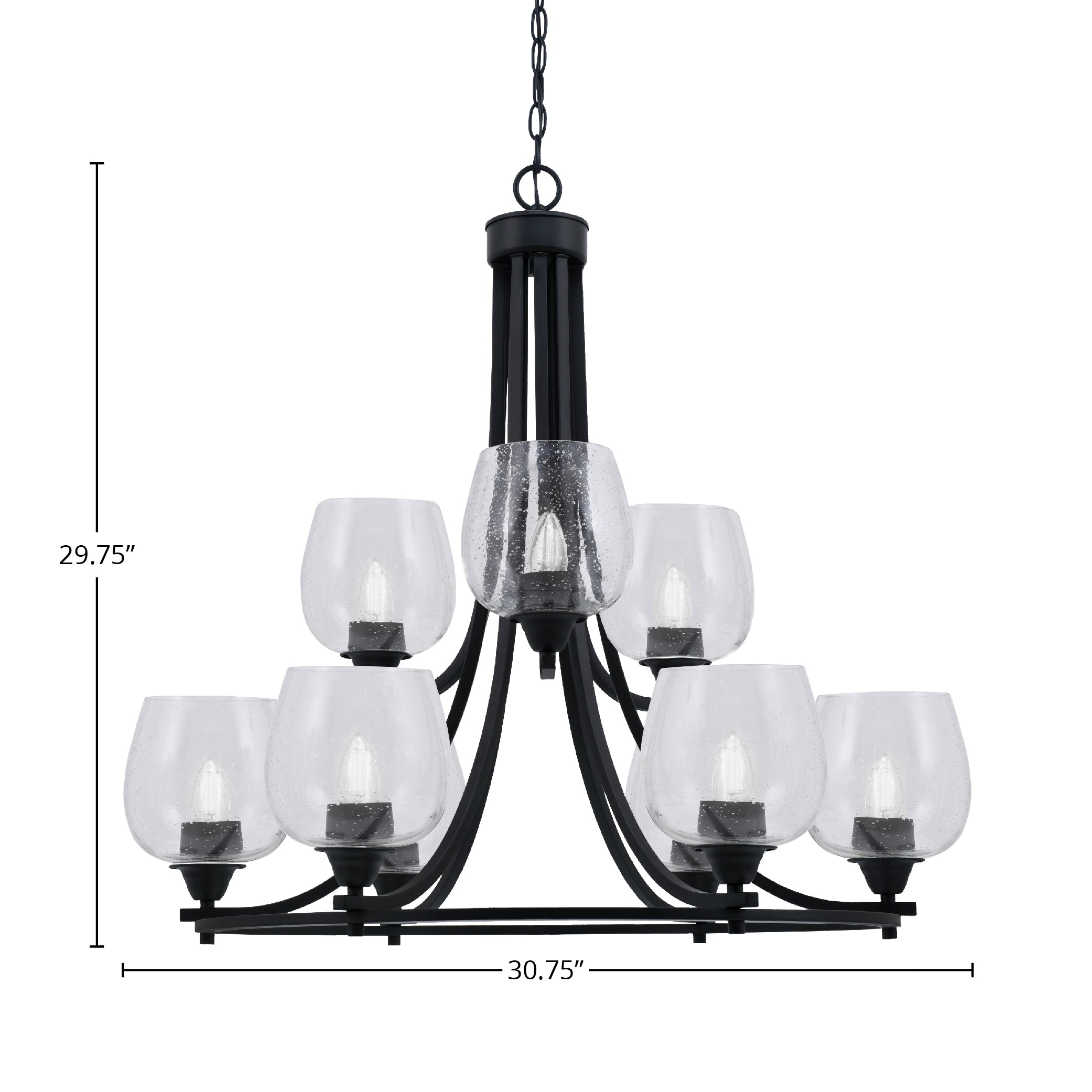 Paramount Nine Light Chandelier in Matte Black with 6" Clear Bubble Shade