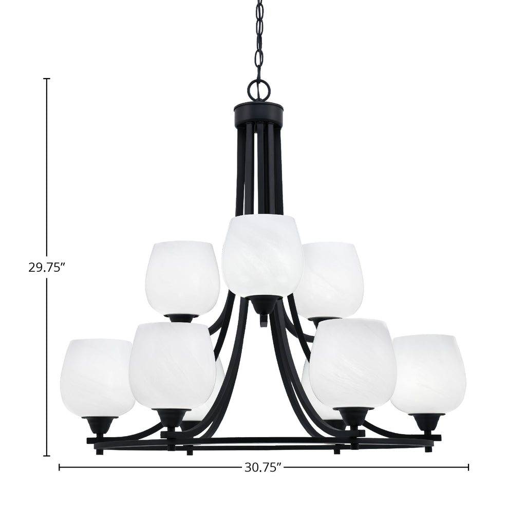 Paramount Nine Light Chandelier in Matte Black with 6" White Marble Shade