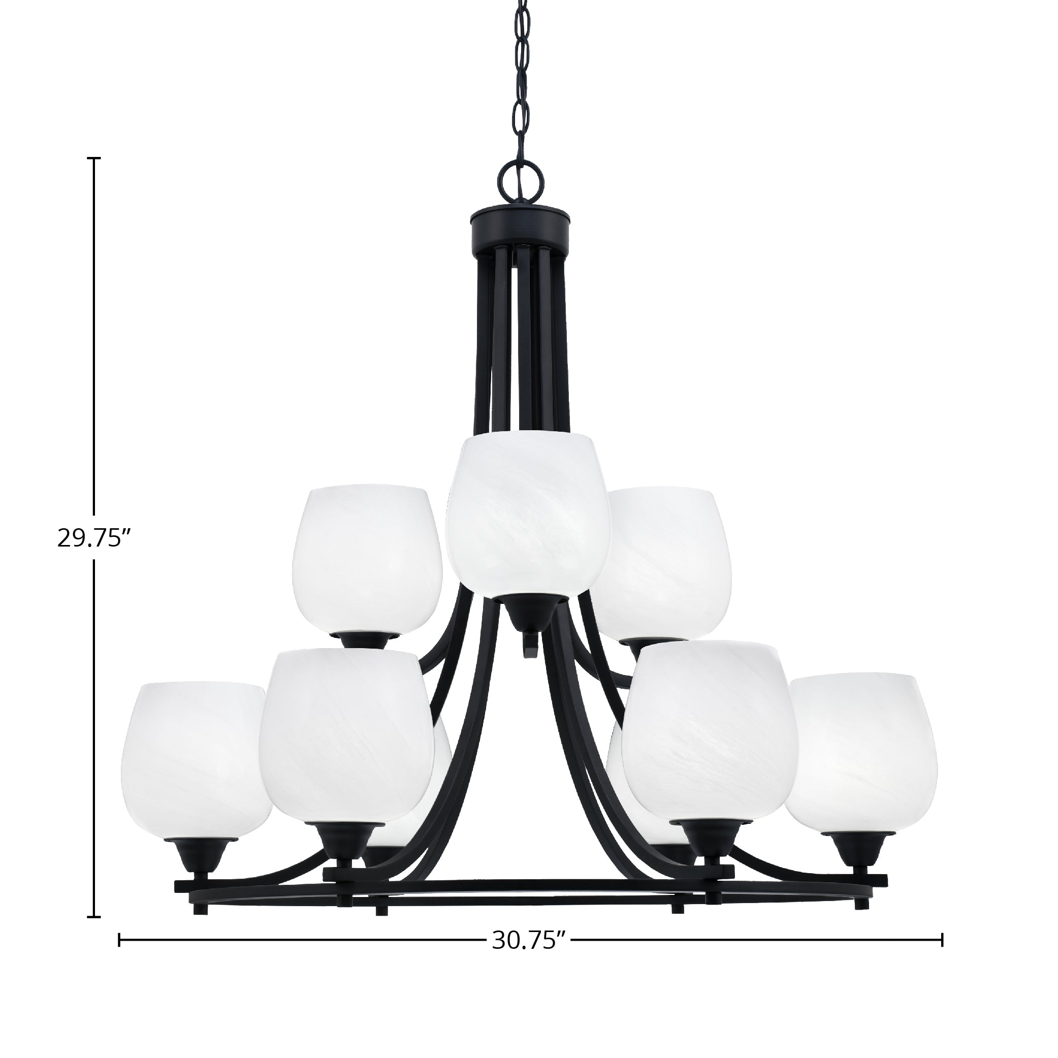 Paramount Nine Light Chandelier in Matte Black with 6" White Marble Shade