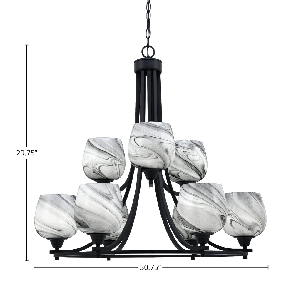 Paramount Nine Light Chandelier in Matte Black with 6" Onyx Swirl Shade