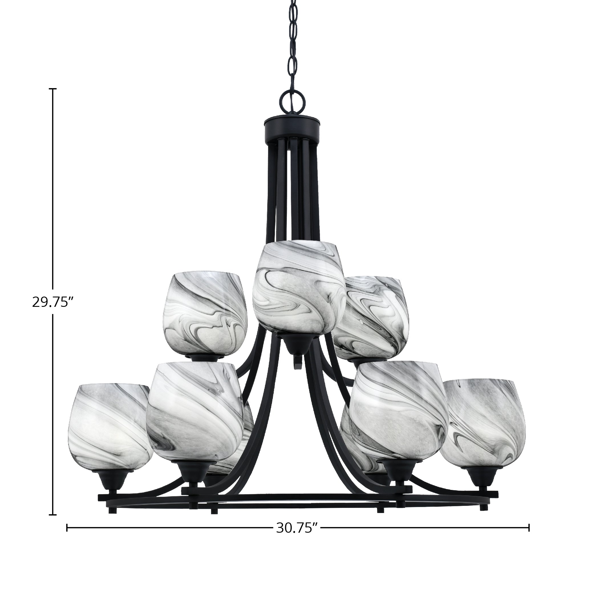 Paramount Nine Light Chandelier in Matte Black with 6" Onyx Swirl Shade
