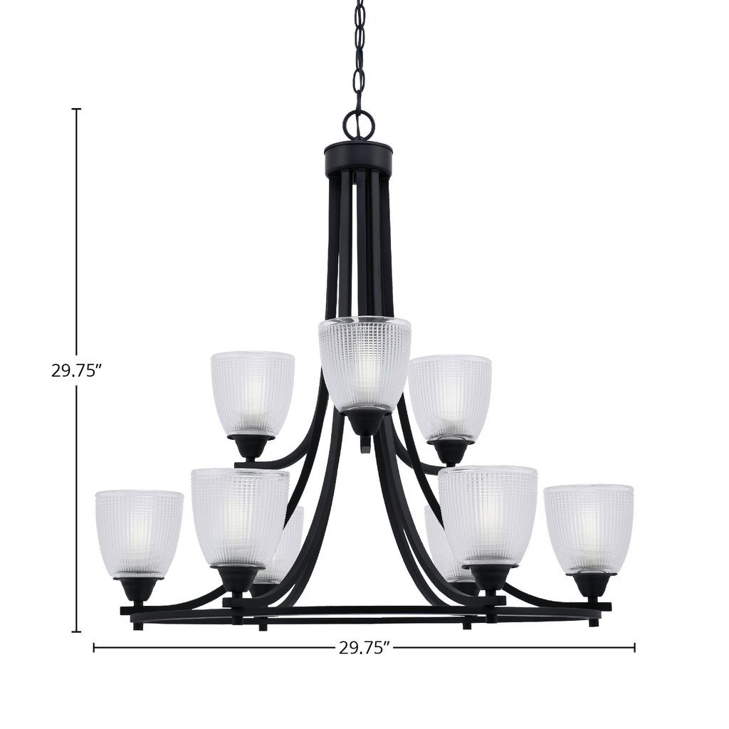 Paramount Nine Light Chandelier in Matte Black with 5" Clear Ribbed Shade
